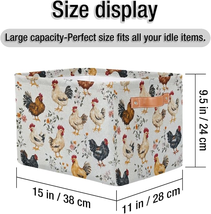 Chicken And Chicks Rectangular Storage Bin Collapsible Storage Basket Organizer Boxes with Leather Handle Storage Cube for Shelves Toy Laundry Nursery 1 PC