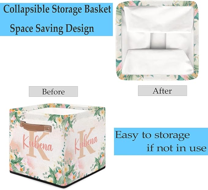Personalized Name-Initial Pink Flower Storage Baskets for Girls Women, Custom Portable Square Storage Bins with Handles Foldable Organizer for Clothes, Toys, Blanket, Towel,Pet 13”