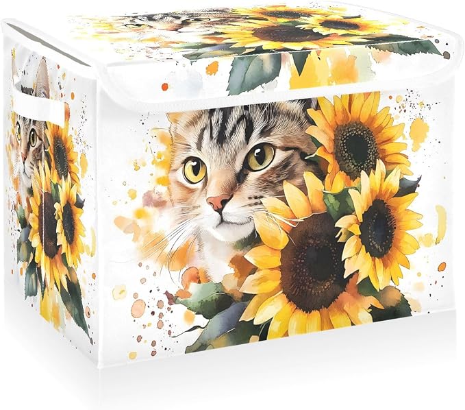 Cat Sunflower Storage Bins with Lids Closet Bedroom 40L Storage Basket | Decorative Storage Boxes, Foldable & Stackable, Dust-Proof Flip Top, Reinforced Handles, For Home & Dorm, Clothes & Toy Box