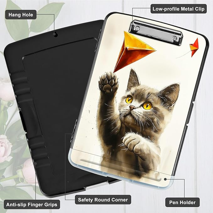 A4 Clipboard with Storage Pen Holder, Clipboards Organizer Nursing Clipboard Foldable File Folder Plastic Clipboard Folio Clip Board for Office Work Classroom Doctor, Gray Cat Painting