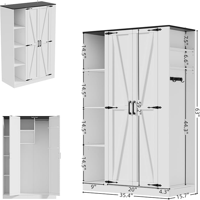 Broom Closet Storage Cabinet, 63" H Wooden Vacuum Storage Cabinet, Utility Closet with 2 Doors, Cleaning Tool Organizer with 6 Shelfs and 5 Pack Broom Holder, 63" H×35.4" W×15.7" D,White