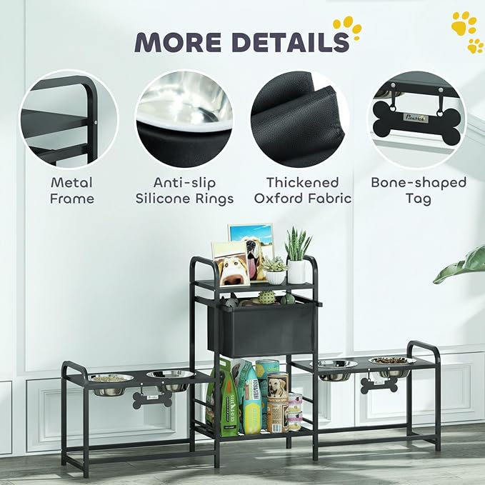 PawHut Dog Bowl Stand, 2 Feeding Stations, 3 Adjustable Heights, Black | Elevated Dog Bowls, Toy Bin Basket, Lifted Food and Water Bowl, Pet Storage Organizer, for Small, Medium, Large Pets
