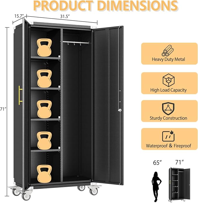 pozdeg 71" Black Rolling Lockable Metal Broom Closet Storage Cabinet