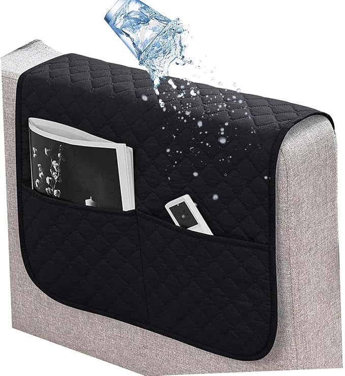 Armrest Covers Arm for Chairs Couch Sofa Armchair Slipcovers Recliner Organizer Non-Slip Chair Bedside Storage Caddy Holder 2 Pockets Magazines Waterproof(Black)