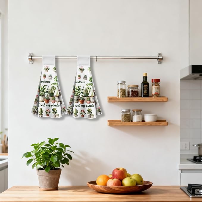 CUTHOLLOW Potted Plants Hanging Kitchen Towels with Loop, Set of 2 - Soft & Super Absorbent Microfiber Decorative Hanging Dish & Hand Towel, Tea, Coffee Towel for Kitchen Bathroom Oven Handle