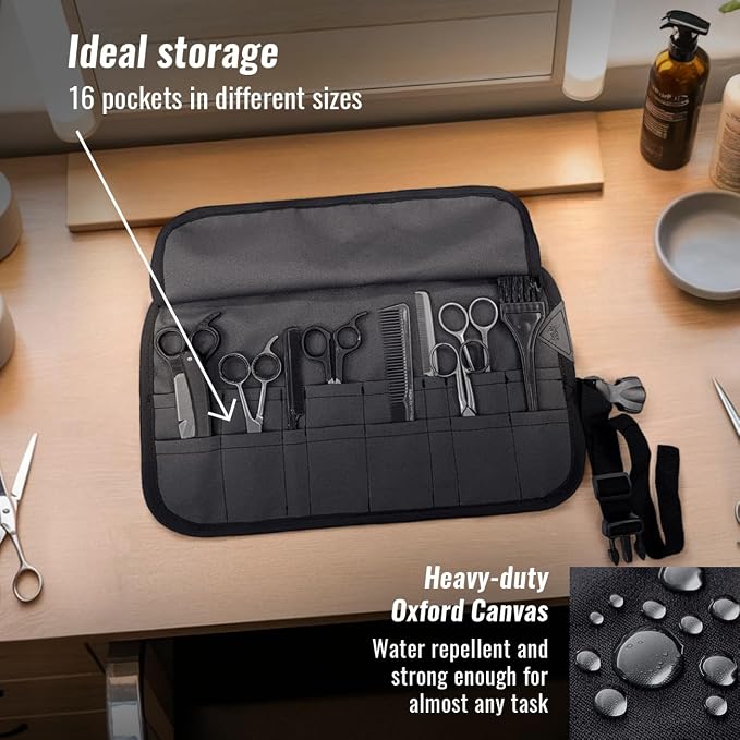 Under NY Sky Scissors Roll Up Case For Salon Hair Cutting Shears, Grey | Professional Oxford Canvas Pouch Case, Portable Storage Organizer for Salon Tools, Hair Stylists, Barbers & Hairdressers