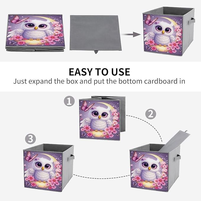 Purple Owl Flower Moon Butterfly Foldable Storage Bins, 10.6" Cube Storage Organizer, Sturdy Oxford Cloth Fabric Baskets for Closet, Shelf, Nursery, Bedroom, Decorative Printed Box for Toys & Clothes