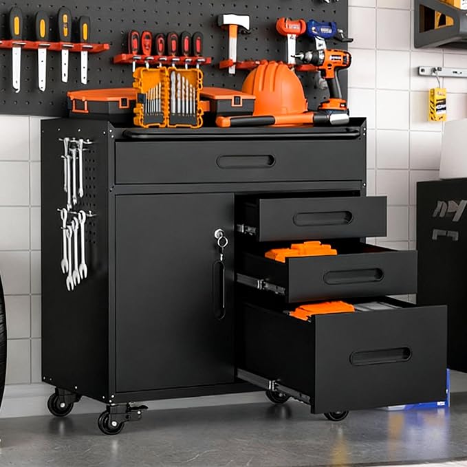 Garage Storage Cabinet,Metal Rolling Tool Cabinet with 2 Pegboard and 10 Hook,Heavy Duty Mechanics Tool Chest Storage for Workshop, Basement,Warehouse,Include Workbench Liner,Black
