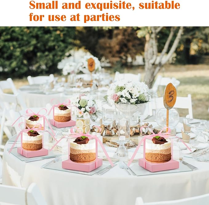 12 PCS Clear Cupcake Boxes 3.5 Inch Cupcake Containers (Pink) | Disposable Cupcake Carrier Plastic Individual Cupcake Storage Holder with Ribbons and Inserts for Wedding, Birthday Party