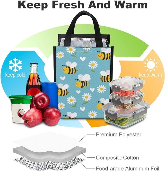 Reusable Thermal Lunch Tote Bag Compatible with Yellow Bee Cute Flower Daisy Sky Blue Lunch Box, Portable Insulated Picnic Cooler Bags Food Container Organizer