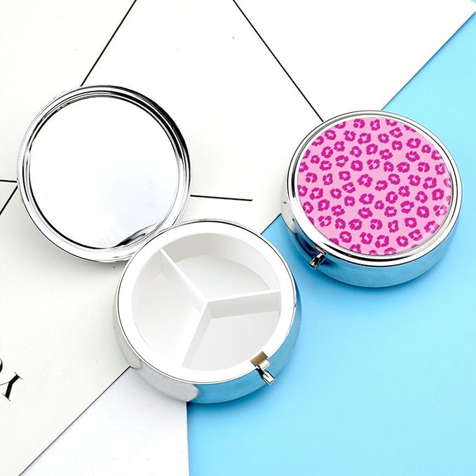 Travel Pill Container, Pink Leopard Print Round Metal Organizer, 3-Section Case for Medicine, Pocket Purse Dispenser for Business Travel