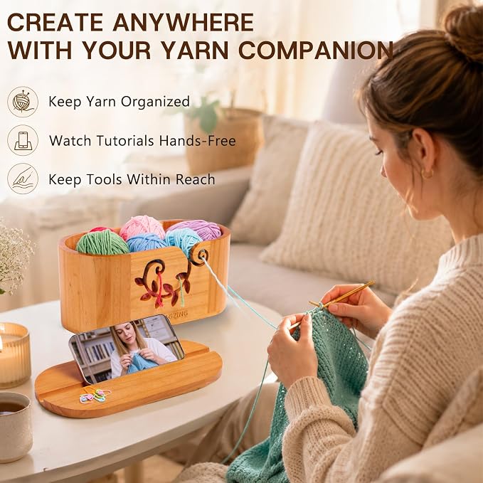 MYBAGZING Wooden Yarn Bowl with Lid, Large Acacia Crochet Yarn Holder with Phone Stand & Tool Tray, Yarn Storage Organizer for Knitting & Crocheting, Floral Design Gift for Crocheters