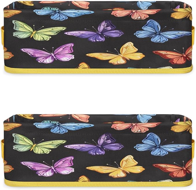 Colorful Butterflies Bathroom Storage Basket Waterproof Foldable Storage Bins with Handles Decorative Toilet Paper Storage Basket for Organizing for House Bathroom Toiletries Set of 2