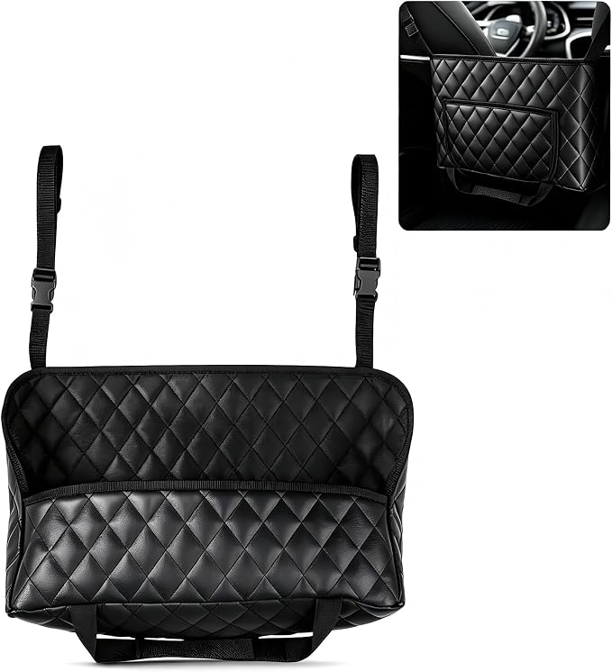 Car Purse Holder Between Seats, Large Capacity Hanging Between Seat Car Organizer with Front Pocket, Multi-functional Auto Storage Bag, Universal Interior Backseat Barrier (Black #A)