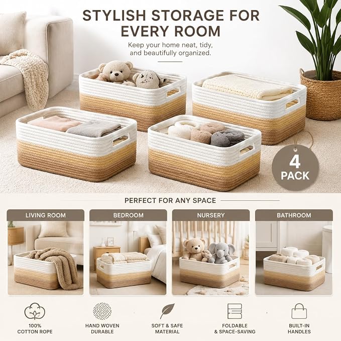 4 sets of hand-woven cotton rope storage boxes, suitable for toys, books, clothes, bathrooms, car trunks used for organizing decoration, Khaki color Two 16x14x7 in two 14x10x7in