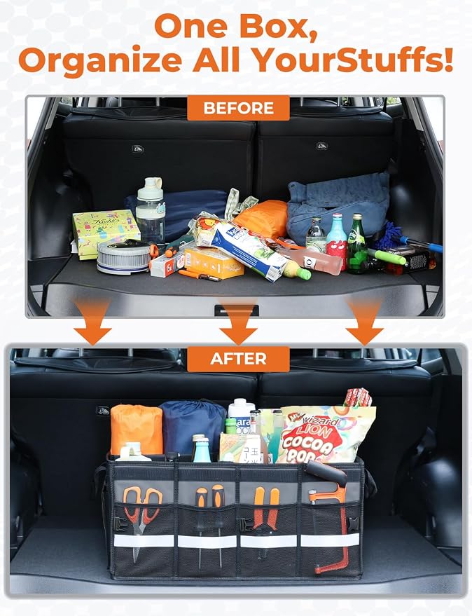 Oasser Car Trunk Organizer Collapsible Multi Compartments SUV Trunk Organizer with Reflective Strip Foldable Cover | 4 Mesh Pockets, 600D, Non-Slip Bottom, Reflective Strip, 35kg Load, for SUV Saloon Estate Daily Storage, Shop & Family Trip