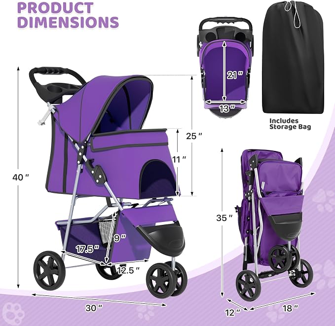 Magshion 3-Wheel Pet Stroller for Small/Medium Dogs & Cats, Up to 33lbs | Foldable Travel Jogger w/ Breathable Mesh Cover, Lightweight Design, Safety Tethers, Cup Holder & Storage Basket