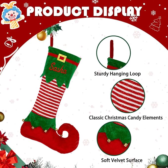 Personalized Christmas Stocking, Custom Christmas Stockings with Embroidery Name, 22" Large Elf Xmas Stocking for Kids, Fireplace Party Holiday Decoration(5 Pcs)