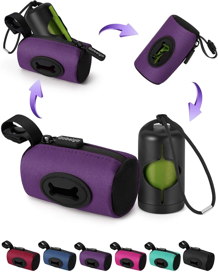 Gobeigo 2-in-1 Dog Poop Bag Holder【Easy Pull-Out Version】(Purple) | Hard Plastic Insert & Soft Fabric Bag Snap-On Strap Dispenser Fits Retractable and Standard Leashes with 1 Roll Bags