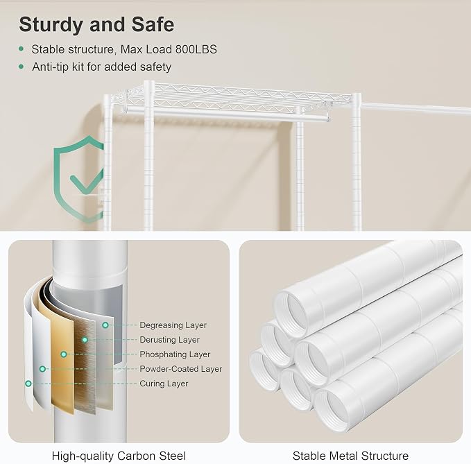 SEMHOR E01 Expandable Heavy Duty Clothes Rack, Free Standing Closet System | Adjustable Closet Organizers and Storage, Portable Garment & Clothing Racks for Hanging Clothes, 800LBS Max Load, White