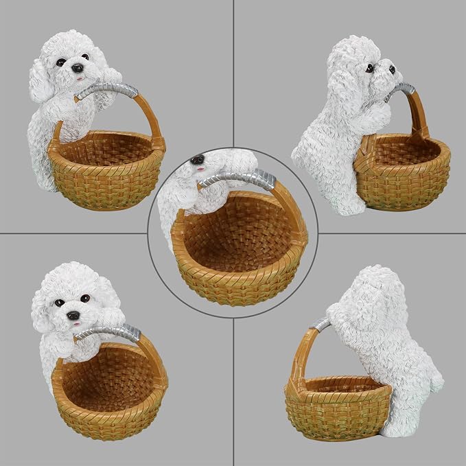 Cute White Poodle Candy Bowl, Resin Dog Figurine Key Bowl for Entryway Table, Desktop Storage Basket Organizer for Desk, Unique Poodle Lover Gift