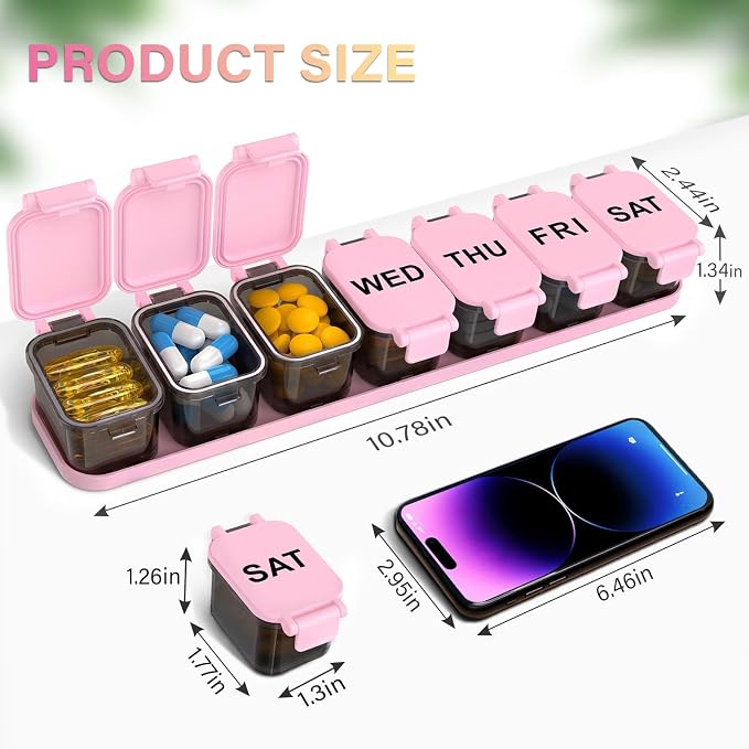 Extra Large Weekly Pill Organizer with 7 Detachable Compartments | XL Pill Organizer, Portable Medicine Pill Organizer for Supplements, Daily Pill Case for Home and Travel