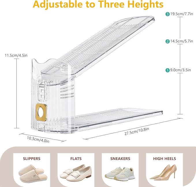 36-Pack Adjustable Shoe Slots Organizer for Closet, Gold | 36 PET shoe stackers with gold accents organize up to 36 pairs; 3 adjustable height levels for sneakers, heels, and flats.