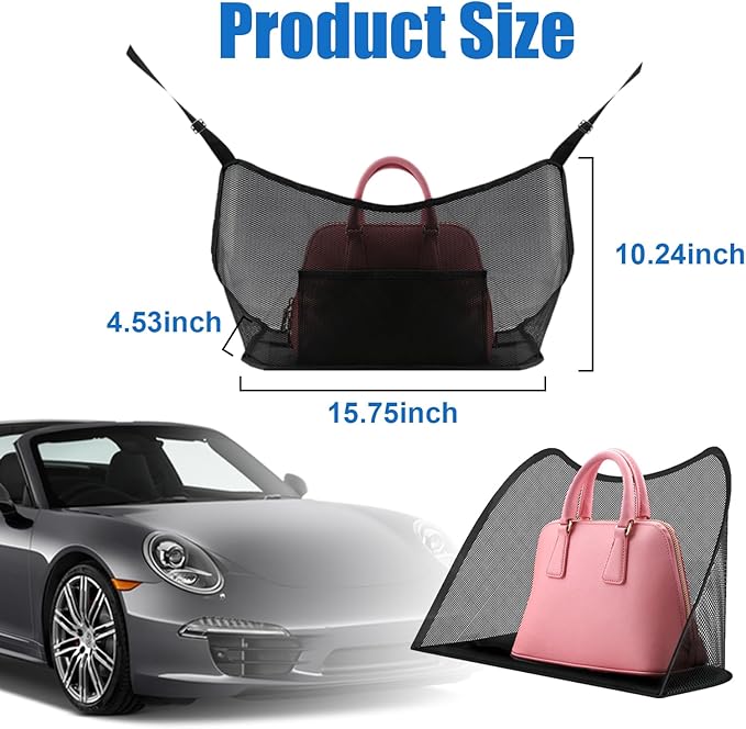 Ziciner Car Net Pocket Handbag Holder, Organizer Mesh Bag Between Two Seat, Driver Storage Netting Pouch for Handbag Purse, Barrier of Backseat Pet Kids, Car Accessories for Women Men (Black)