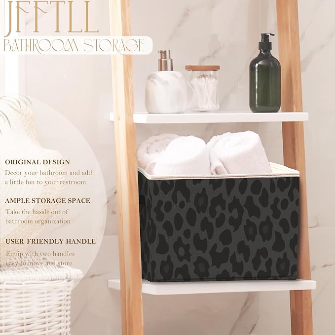 Black Leopard Print Storage Bins with Handles, Cheetah Print Room Decor, Trendy Leopard Collapsible Laundry Basket Storage Box for Home Bedroom Bathroom Clothes Toys Books