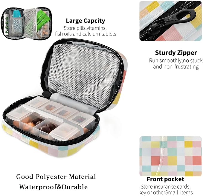 Fustylead Colorful Checkered Travel Pill Organizer Case Zipper for Purse with Removable Weekly Pill Box for Medicine, Vitamin, Supplement Medicine Organizer