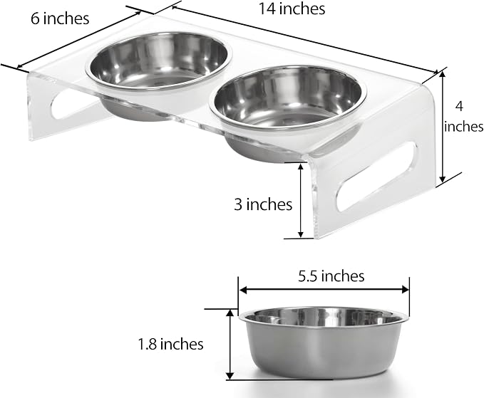 Tilted Raised Elevated Food and Water Bowls Stand for Cat or Small Dogs - Puppy's Clear Acrylic Stainless Steel Dishes Holder for Boy or Girl Pet,Modern,Durable and Easy to Clean by WBhonghui (Clear)