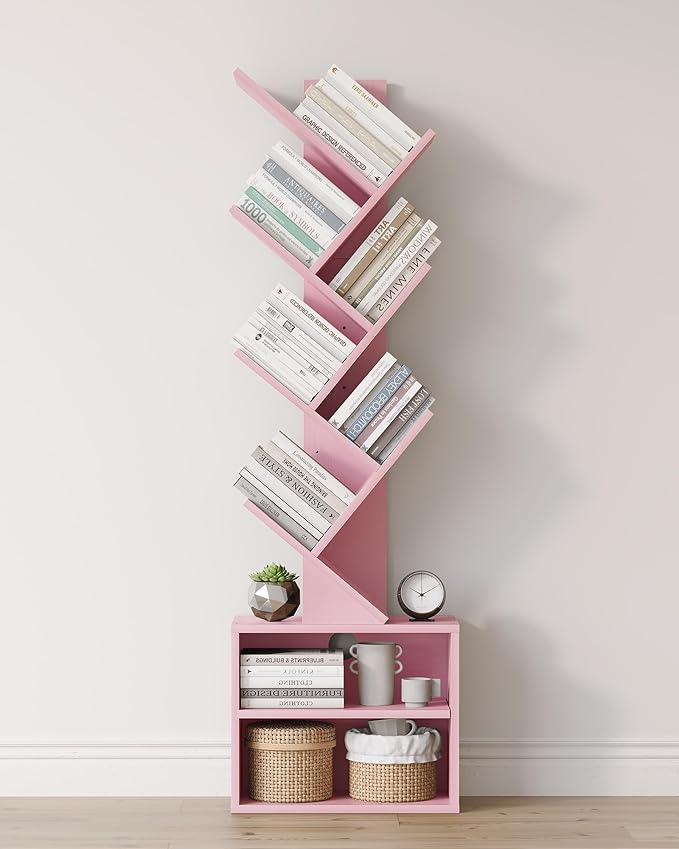 SUNMORY 6 Tier Tree Bookshelf, Tall Small Bookcase with Storage Cabinet | Modern Narrow Bookshelves Organizer, Floor Standing Book Case Shelf for Bedroom Living Room Home Office Corner, Pink
