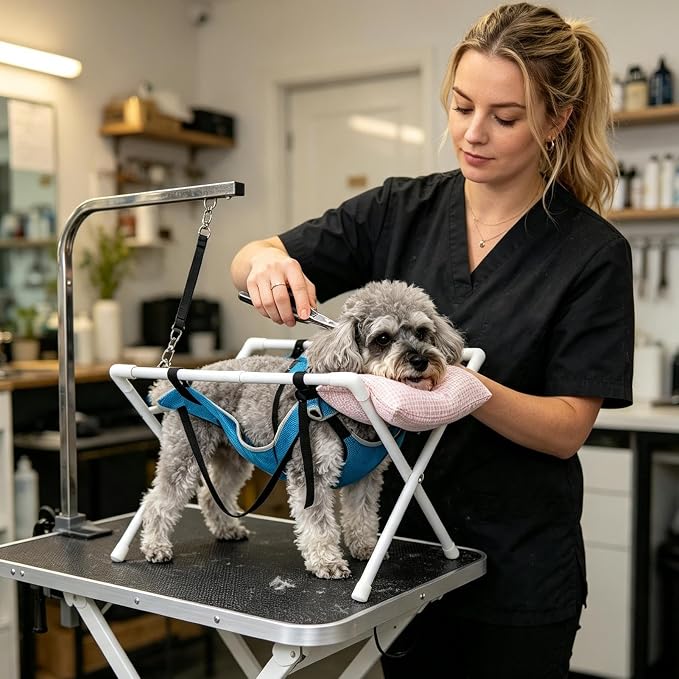 Pet Grooming Hammock - Foldable Heavy Duty Dog Restraint Stand | Washable Mesh Support Sling, Anti Slip Frame, Joint Cushion, Secure Setup for Small Medium Pets Home Salon Bathing
