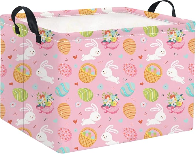 Rectangular Easter Basket for Home Kitchen Baby Girls Basket Cute Storage Bin Organizer Shelf Book Room Decor(Pink Bunny Egg)