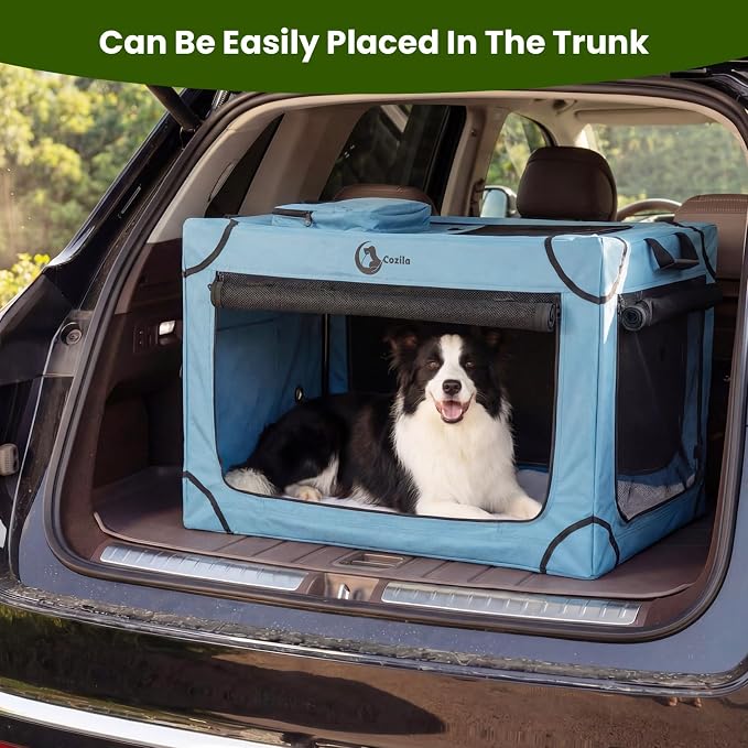 Portable Collapsible Soft Dog Crate for Extra Large Dogs, 42in Blue | Oxford Cloth Travel Camping dog kennel with 4 Mesh Windows & 2 Storage Pockets,for Indoor & Outdoor Use