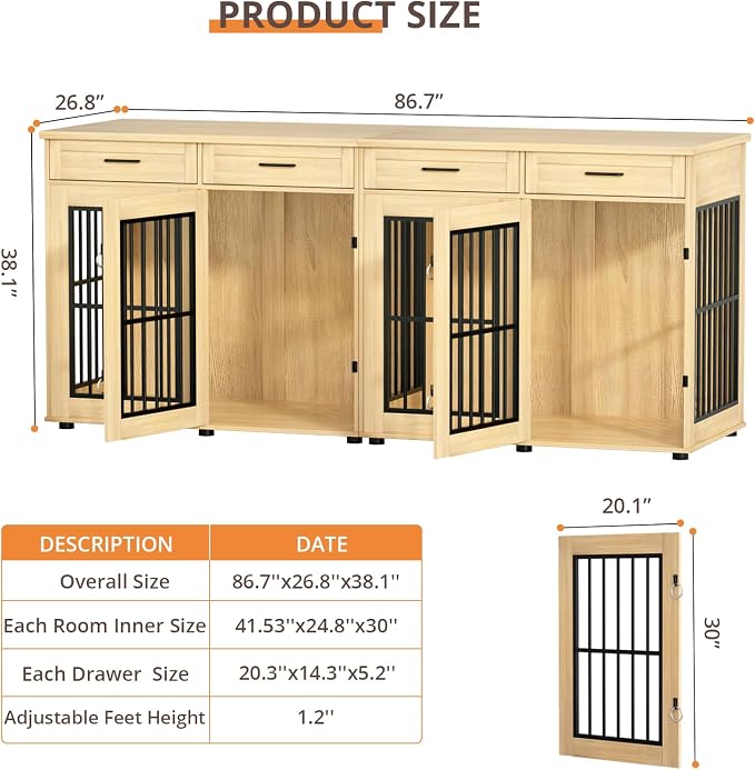 VOWNER 87"Dog Crate Furniture for 2 Dogs, Double Dog Cage Furniture,Natural | Extra Large Wooden Dog Kennel with 4 Drawer, Removable Divider, Furniture-Style TV Stand, XXL Dog Crate for Large Medium Dogs
