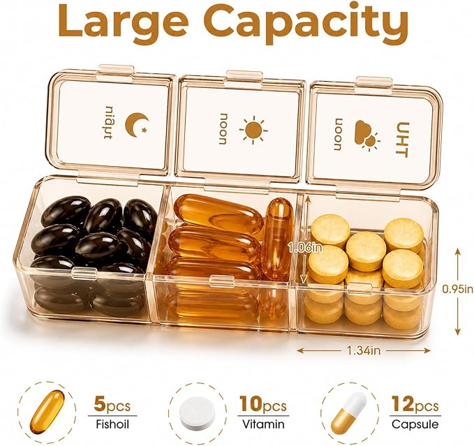 Weekly Pill Organizer 3x a Day - 7 Day Pill Box with 21 Compartments (Morning/Noon/Night), BPA-Free Daily Pill Case, Portable Medicine Organizer for Vitamins, Supplements & Medication【Upgrade】 (Brown)