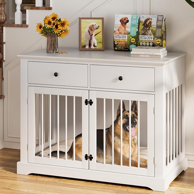 44inch Large Dog Crate Furniture with Storage Drawers for Indoor, White | Large Decorative Wooden Dog Kennel Indoor with Storage Drawers, Multipurpose End Table Cage Suitable for Small Dogs