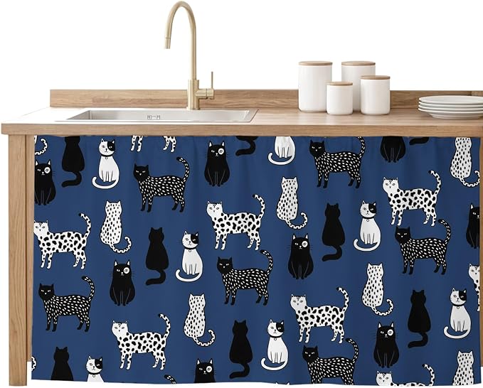Cat Animal Cabinet Curtain 28"Wx51"L,Dustproof Storage Cabinet Curtain with Self Adhesive Tape,Navy Blue Earthy Tone Vintage Pet Modern Tall Pantry Cover Drape for Kitchen,Laundry Room,Utility Closet
