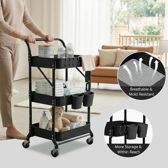 Amatic 3 Tier Foldable Rolling Cart with Wheels, Folding Utility Cart Organizer, Collapsible Rolling Storage Cart with 3 Hanging Cups & 6 Hooks for Kitchen, Office, Nursery(Black)