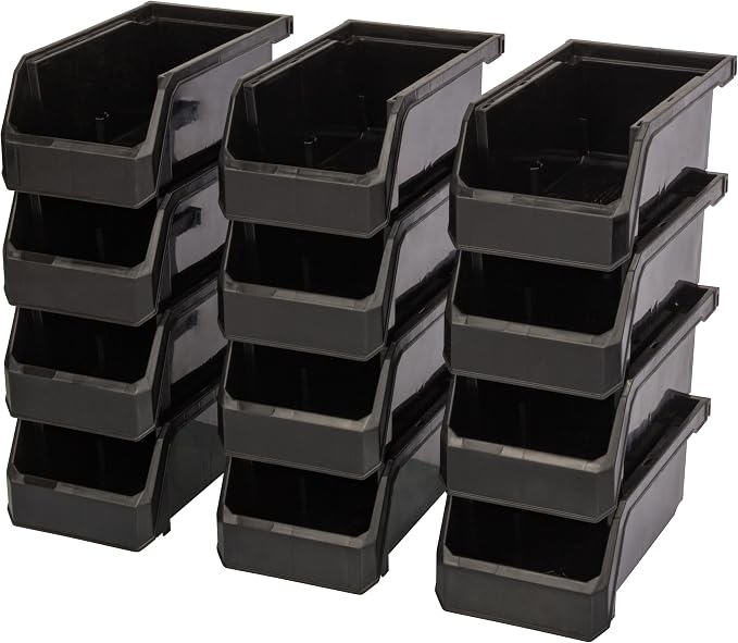 Small Stackable Plastic Storage Bins, 12-Pack, Black | Open-Front Stackable Bins For Garage, Pantry, Closet & Office, 7"L X 4"W X 3"H, Nests When Empty, Durable Plastic