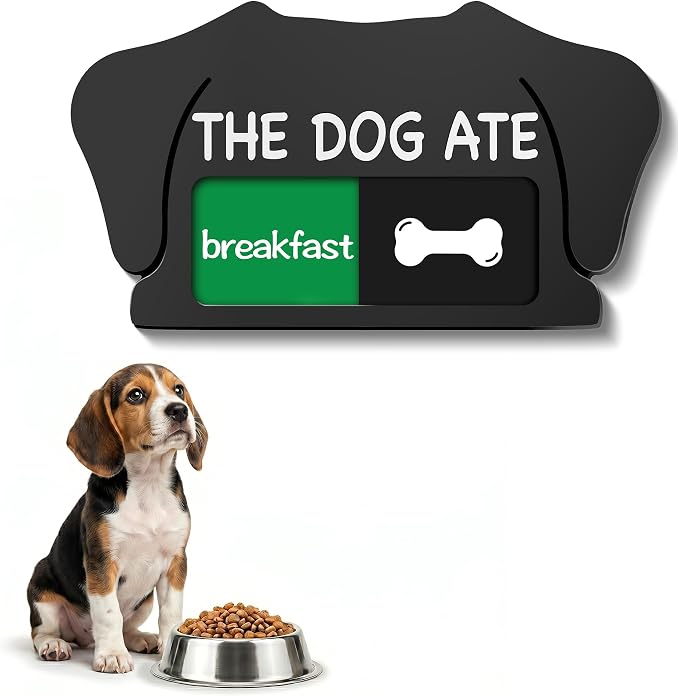 Dog Feeding Reminder Sign, Magnetic Pet Fed Schedule Chart with Slider, Breakfast & Dinner Tracker for Fridge, Prevent Overfeeding, Unique Dog Ear Shape Acrylic Sign, 5.5" x 3", Black