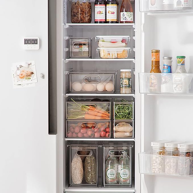 4Pack Stackable Fridge Drawers Pull-out Storage Bins with Handle Clear Food Container for Refrigerator Plastic Dresser Organizer Fruit&Veggie Keeper for Freezer Cabinet Kitchen Organization