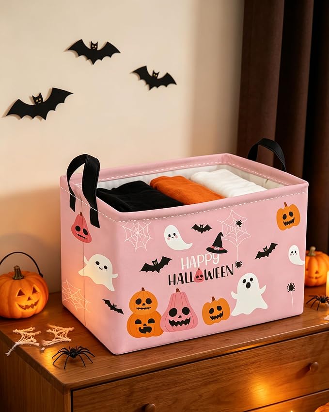 Essme Rectangular Halloween Basket,Kids Storage Bins Organizer with Handles for Room Decor, Gift Basket,Shelf Basket.(Cute Halloween)