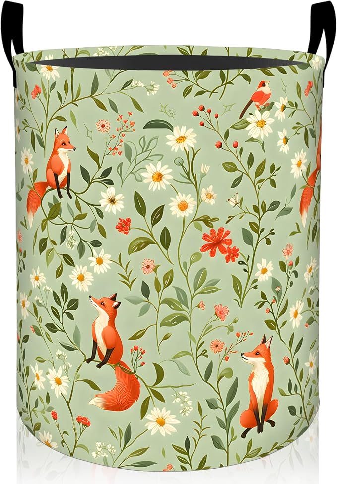 Cute Fox Laundry Basket, Woodland Animal and Wildflowers Oxford Cloth Dirty Clothes Collapsible Hamper for Room Decor, Nature Gifts, Toy Organizer 19.7 x 15.7 Inches for Bedroom Bathroom Dorm