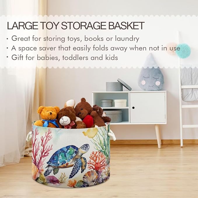 Sea Turtle Print Collapsible Round Storage Basket with Handles | Ocean Coral Seashells Large Laundry Baskets Hamper, Clothes Organizer Bin for Bedroom Living Room Decor, 20x 20x 14 Inches