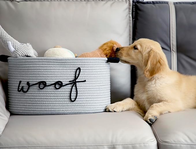 Woof Dog Basket - Cotton Rope Pet Storage Bin With Durable Handles, Large Toy Organizer for Puppies, Perfect for Chew Toys, Blankets and Leashes