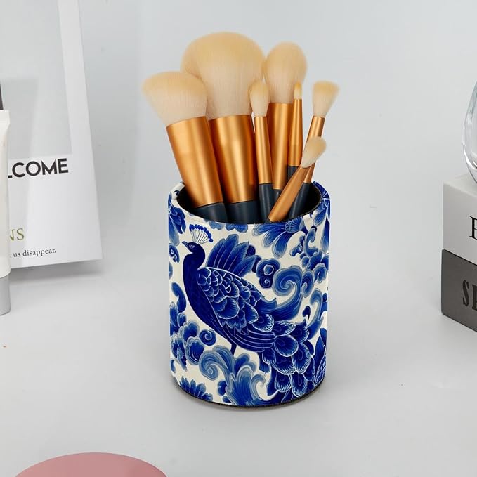 Faux Leather Pen Holder for Desk, Pencil Organizer Blue Peacock Pen Cup Desk Decor Makeup Brush Holder Storage for Office Home