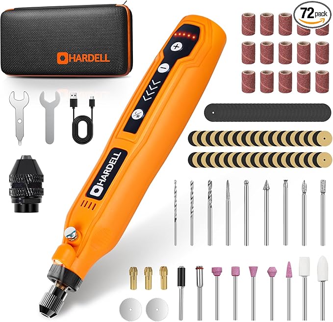 HARDELL Cordless Rotary Tool 3.7V with Universal Chuck, 5-Speed Mini Rotary Tool Kit with 71 Accessories, USB Charging, Multi-Purpose DIY Craft Tool for Sanding, Polishing, Drilling, Engraving(Orange)