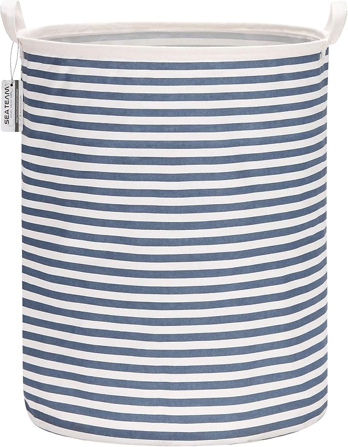 Sea Team Large Canvas Laundry Basket with Handles, Blue Stripes | Collapsible Fabric Laundry Hamper, Closet Shelf Organizers, Containers for Clothing, Blankets, Toys, Bedding, 19.7 x 15.7”